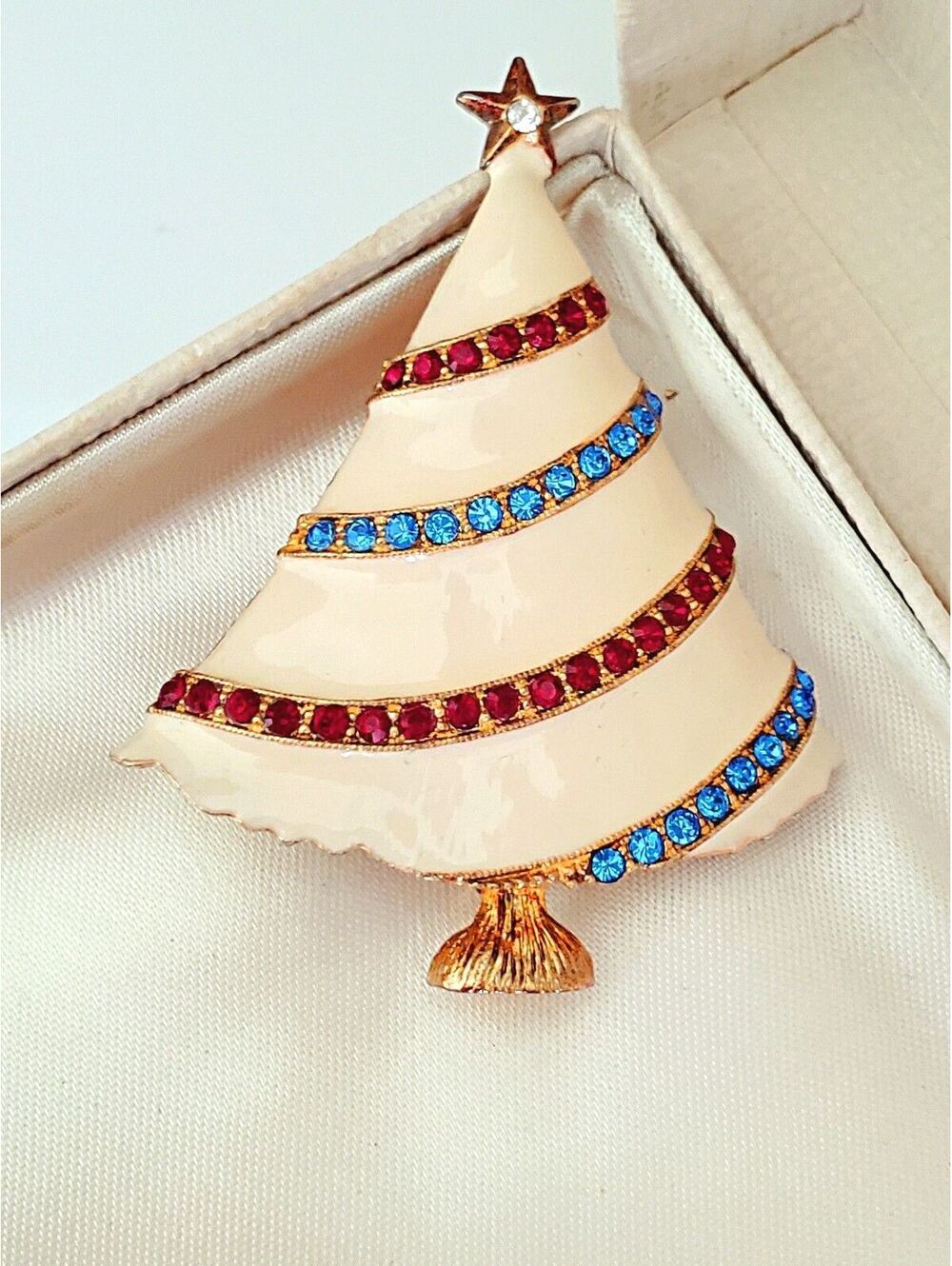 Vintage Eisenberg Ice Red, White & Blue Rhinestone Enamel Christmas Tree Brooch